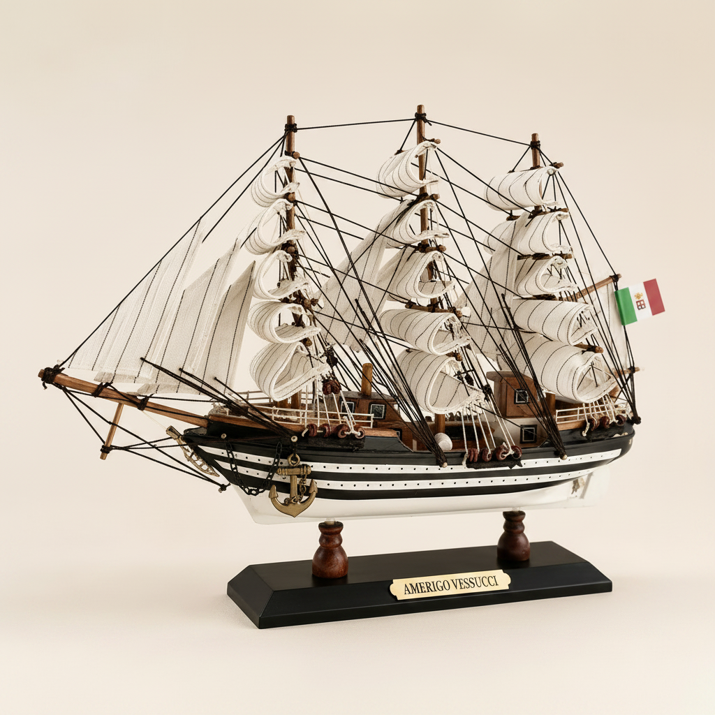 Side profile of Amerigo Vespucci Italian Navy tall ship wooden model on cream background, showing complete three-mast silhouette with full white sails, dense black rope rigging, black-and-white striped hull with white dot trim, Italian Navy flag, anchor at bow, and black display base with gold nameplate