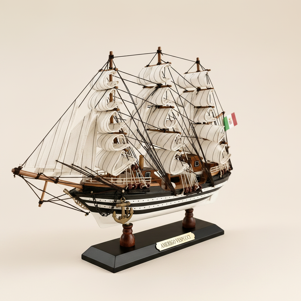 Front 3/4 angle of Amerigo Vespucci Italian Navy tall ship wooden model on cream background, showing three masts with full white square-rigged sails, dense black rope rigging, black-and-white striped hull with white dot trim, anchor at bow, and black display base with gold nameplate