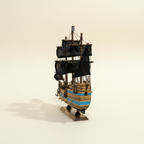 Modello in legno di nave pirata, vista frontale a 3/4, con tre alberi, vele nere con teschio, scafo a righe blu e base nera