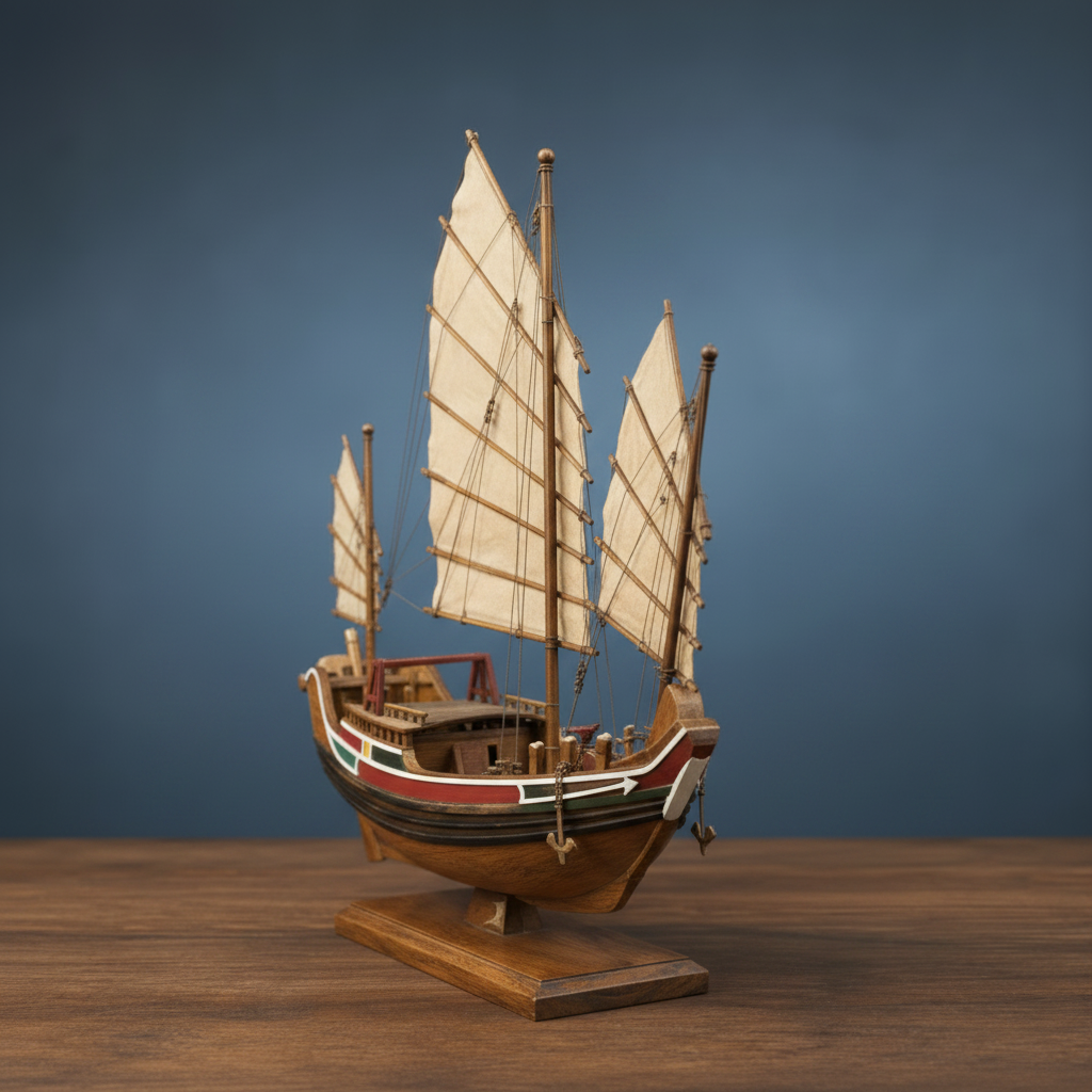 3/4 front view of a Chinese sailing junk model showing three full battened sails, painted hull, and wooden base, blue-grey studio background