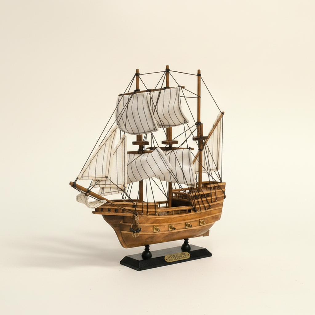 Front 3/4 angle of Mayflower wooden ship model on cream background, showing three masts with full white striped sails, rope rigging, warm walnut-tone planked hull with brass fittings, bowsprit at bow, and black display base with gold Mayflower nameplate

