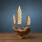 3/4 rear view of a Chinese sailing junk model showing stern, three masts with battened sails, and painted hull stripe detail, blue-grey studio background