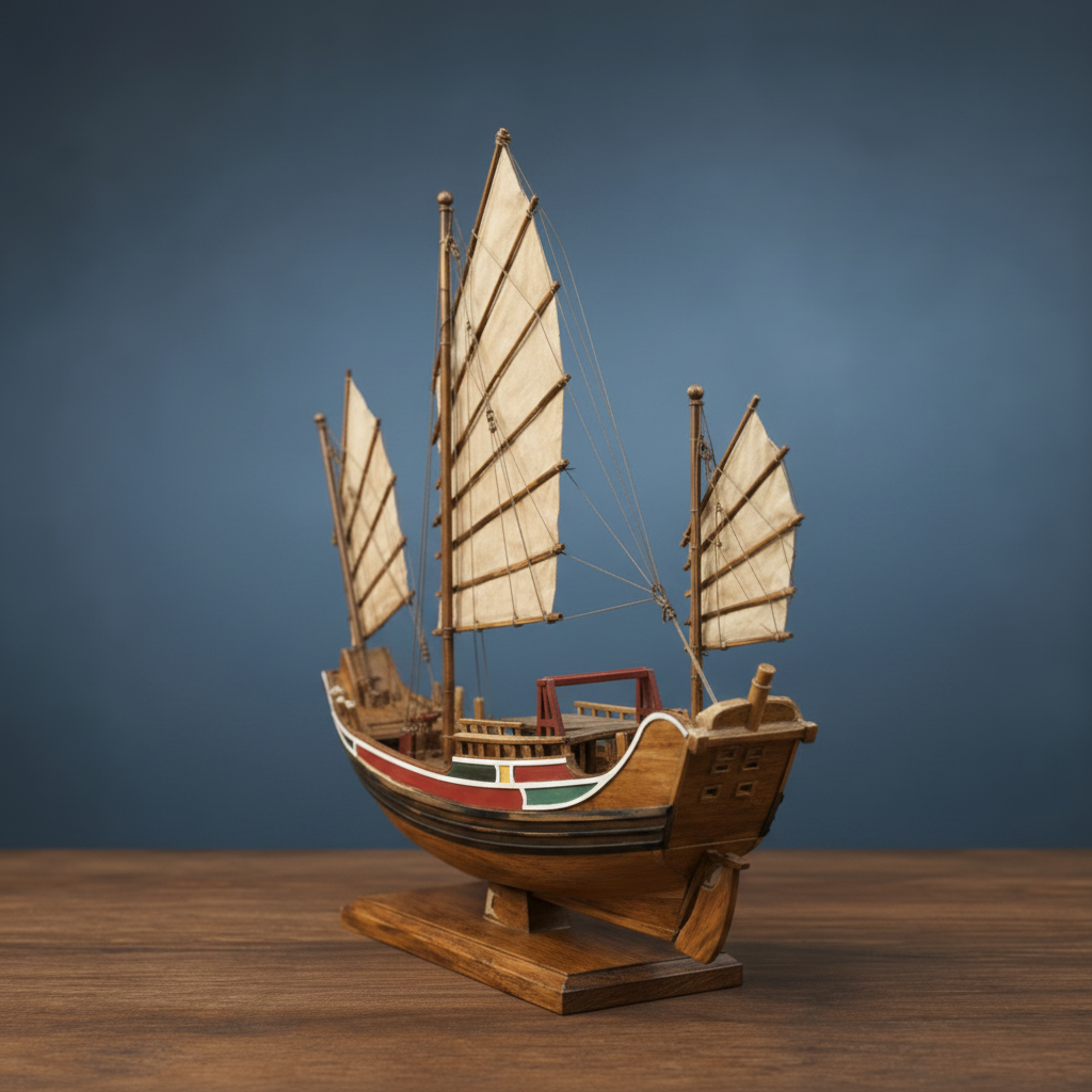 3/4 rear view of a Chinese sailing junk model showing stern, three masts with battened sails, and painted hull stripe detail, blue-grey studio background