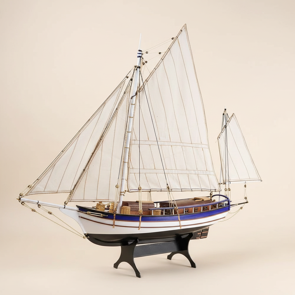 Spray Boston wooden sailboat model kit 1:30 scale front three-quarter view showing white sails blue-stripe hull and rope rigging

