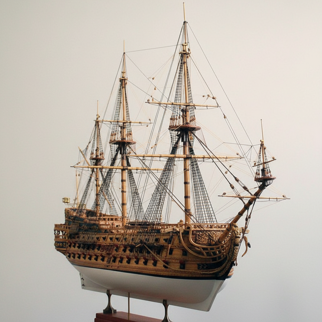 San Felipe 1:50 scale wooden ship model kit – front 3/4 angle view showing three masts, dense rope rigging, carved bow ornamentation, and two cannon decks on cream white background