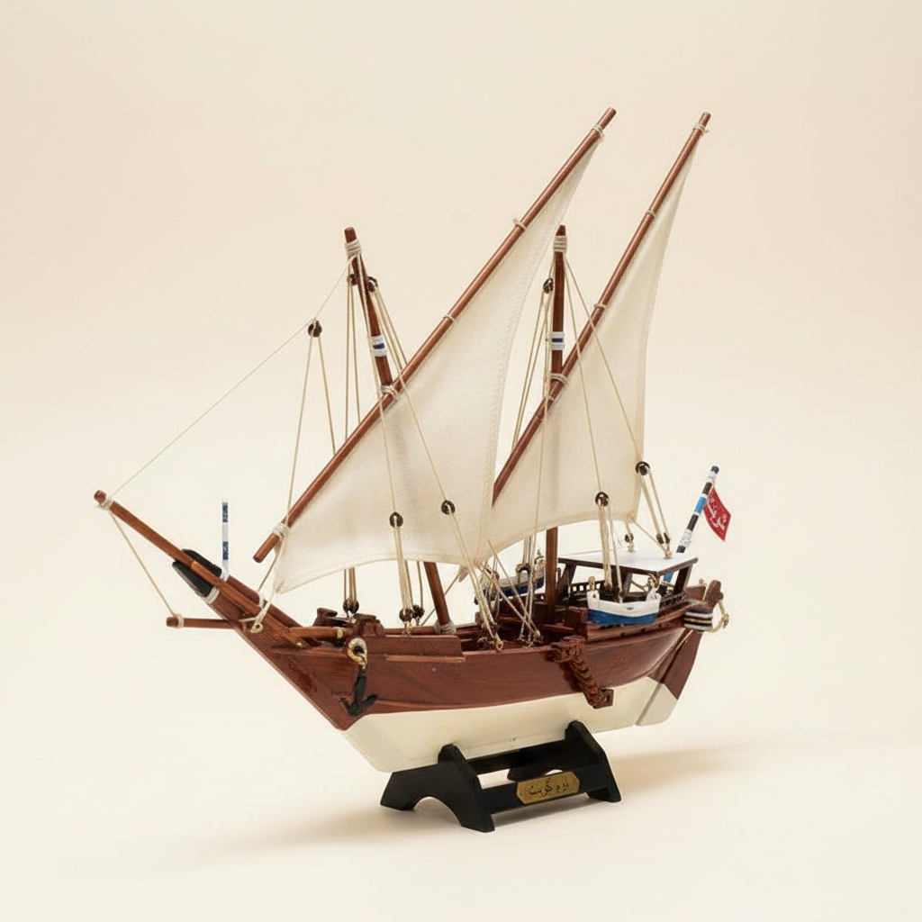 Handcrafted Kuwait Dhow wooden ship model front three-quarter view showing white lateen sails, mahogany hull planking, rope rigging, and black display stand with engraved nameplate, cream white background