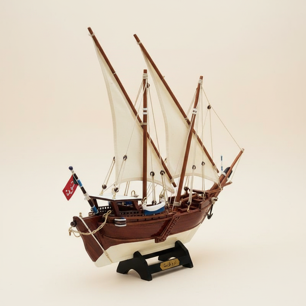 Handcrafted Kuwait Dhow wooden ship model rear three-quarter view showing stern, white lateen sails from behind, rope rigging detail, and mahogany hull construction, cream white background