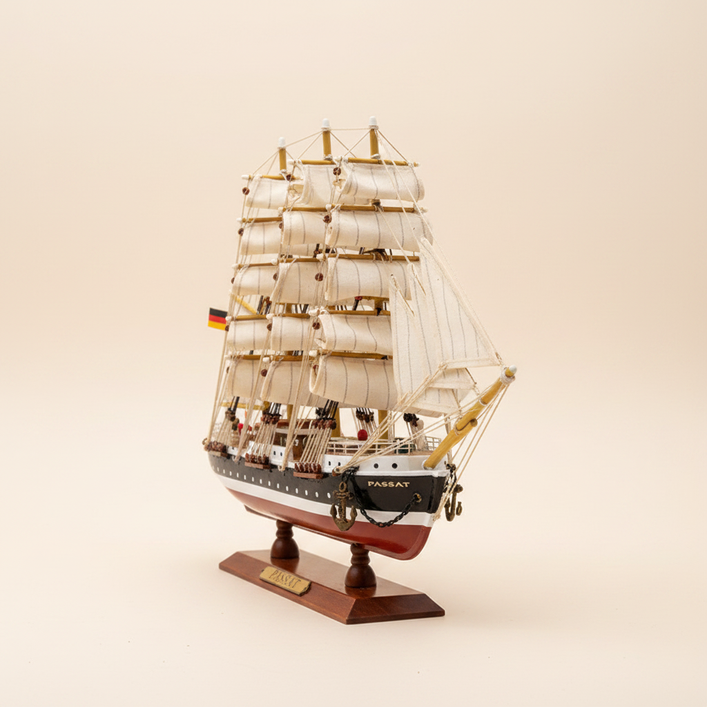 Handcrafted Passat four-masted barque wooden ship model front three-quarter view showing four masts, full white square sails, black-and-white hull with red waterline, rope rigging, and wooden display base with engraved nameplate, cream white background
