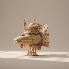Steampunk Fantasy Submarine 269-Piece Wooden Model Kit – front 3/4 view showing conning tower, helm wheel, and rigging