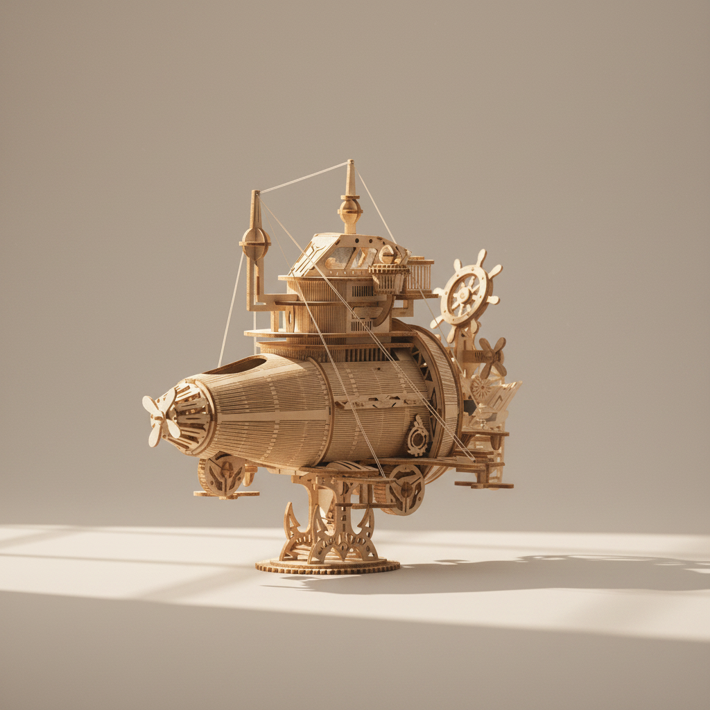 Steampunk Fantasy Submarine 269-Piece Wooden Model Kit – front 3/4 view showing conning tower, helm wheel, and rigging