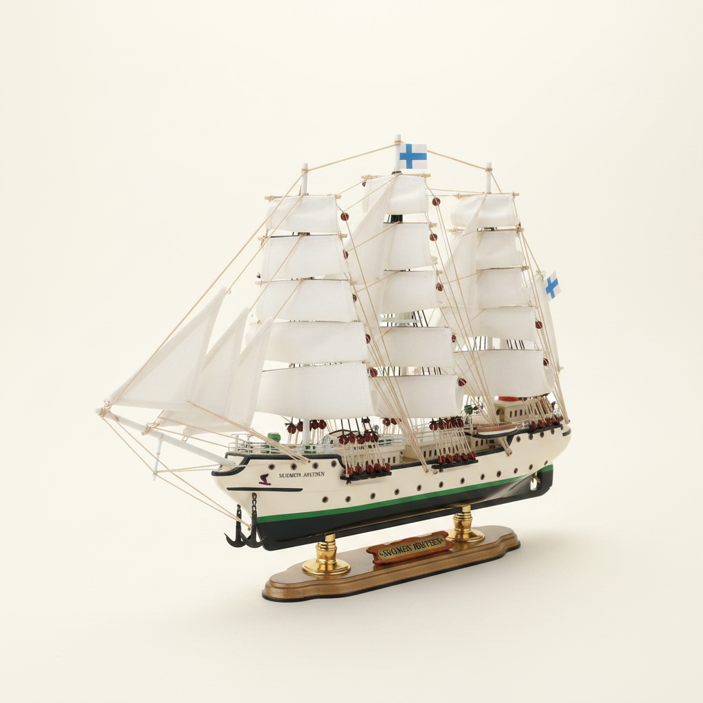 Suomen Joutsen wooden ship model front 3/4 view – three-masted barque with full white sails, green-black hull, rope rigging and Finnish flag