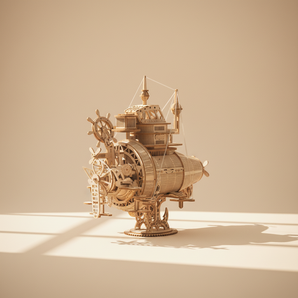 Steampunk Fantasy Submarine Wooden Model Kit – rear 3/4 view showing propeller, gears, and stern structure
