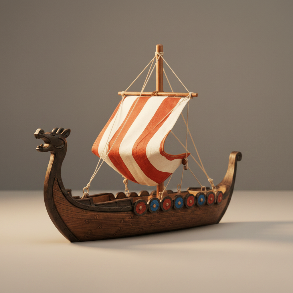 Viking longship resin ship model front three-quarter view showing dragon prow, striped sail, and shield rail