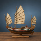 Side view of a handcrafted Chinese sailing junk model with three battened sails, red and green painted hull with white trim, on a wooden display stand
