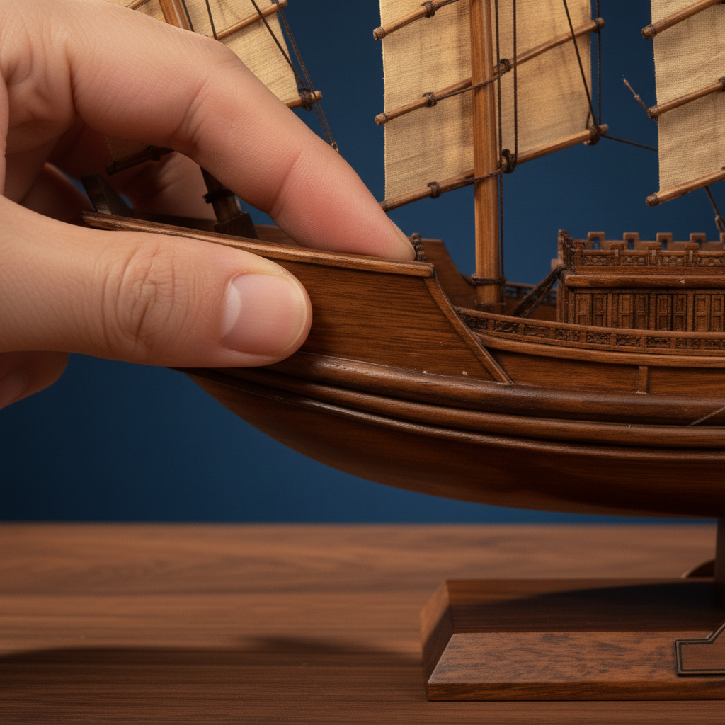 Hand holding a wooden model ship against a blue background