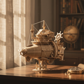 Steampunk Fantasy Submarine Wooden Model Kit displayed on a wooden desk in a warm home studio setting