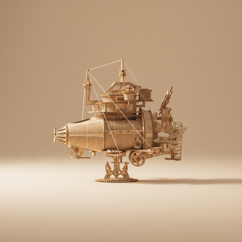 Steampunk Fantasy Submarine Wooden 3D Puzzle Kit – full side profile view showing complete hull silhouette