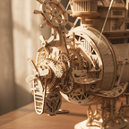 Steampunk Fantasy Submarine Model Kit – close-up of laser-cut wood craftsmanship, gear details, and press-fit joinery