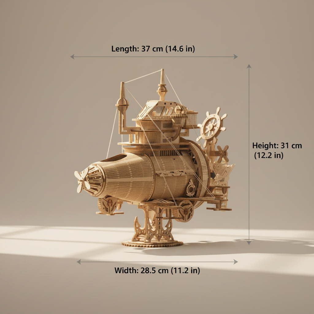 Steampunk Fantasy Submarine Wooden Model Kit dimensions – 37 × 28.5 × 31 cm (14.6 × 11.2 × 12.2 in)