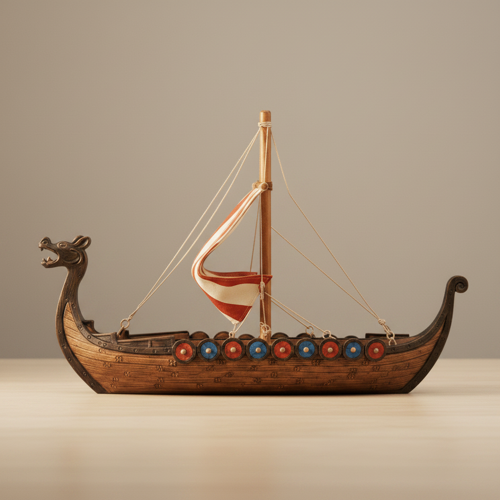 Viking longship resin ship model side profile view showing full hull silhouette, dragon prow, mast, and red-and-white striped sail