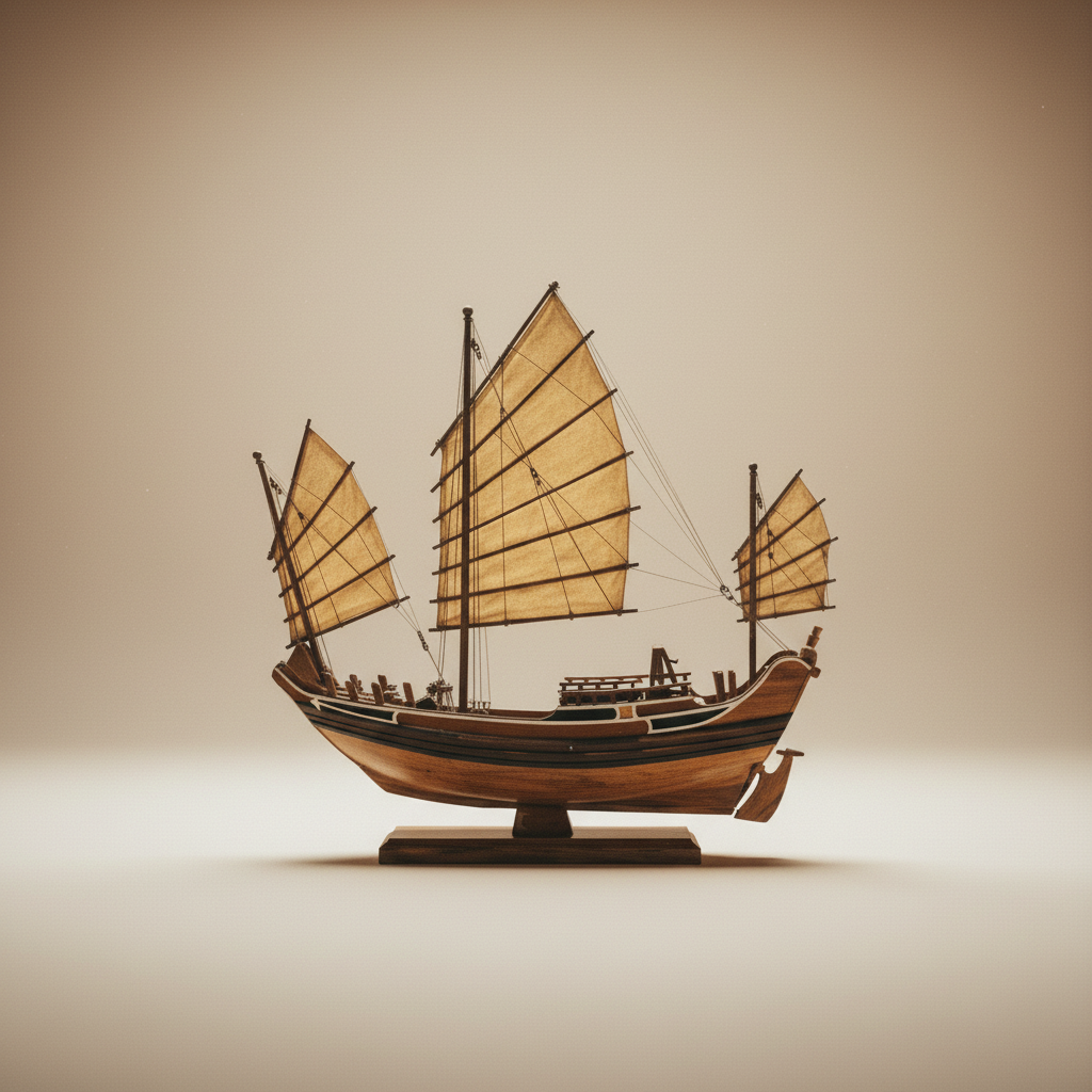 Chinese ocean-going junk ship model side profile view showing full silhouette, three masts, and layered wooden hull