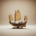 Chinese ocean-going junk ship model side profile view showing full silhouette, three masts, and layered wooden hull