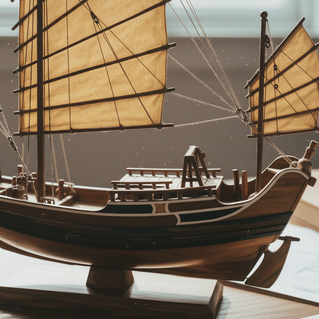 Close-up detail of handcrafted Chinese junk ship model showing wood grain, battened sail texture, and rope rigging craftsmanship