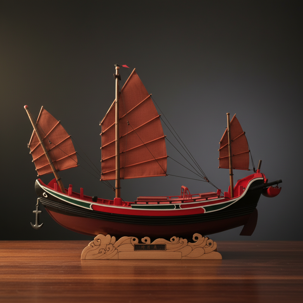 A decorative wooden Chinese junk model boat with reddish-brown sails, a red and black hull, and a carved light wood display stand, photographed against a dark gray studio background on a wooden surface.
