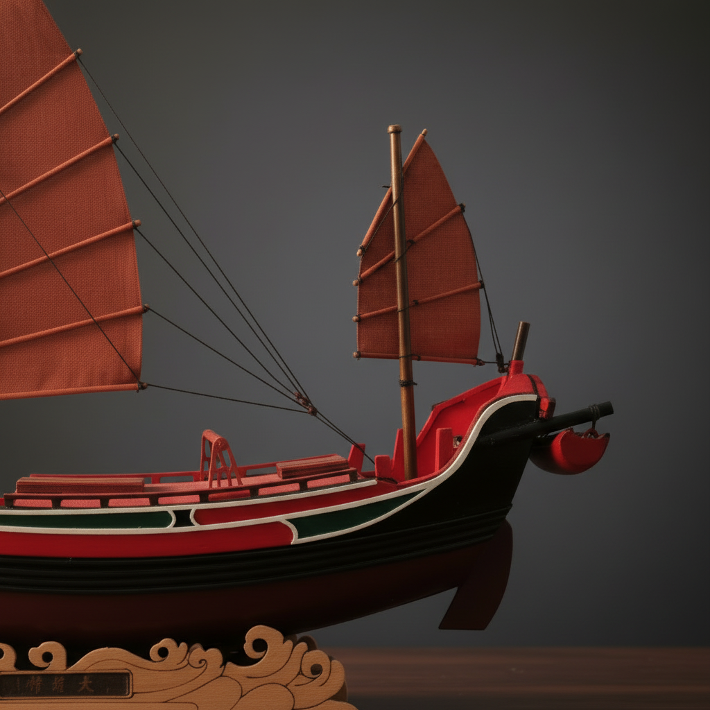 A decorative wooden model of a traditional Chinese junk ship with red and orange-brown sails, a black hull with red and white detailing, mounted on an ornate wooden base against a dark gray background.