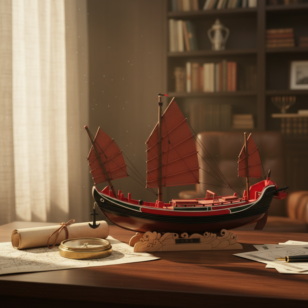 A decorative wooden Chinese junk model ship with red sails sits on a wooden table in a warm, sunlit study or library. A small compass and rolled parchment are placed beside it, with bookshelves blurred in the background.