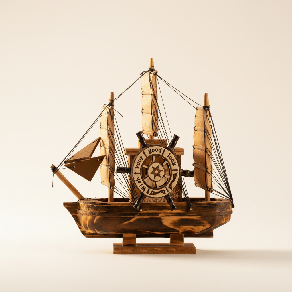 Modelo de velero de madera en vista lateral, mostrando la silueta completa con tres mástiles y jarcia