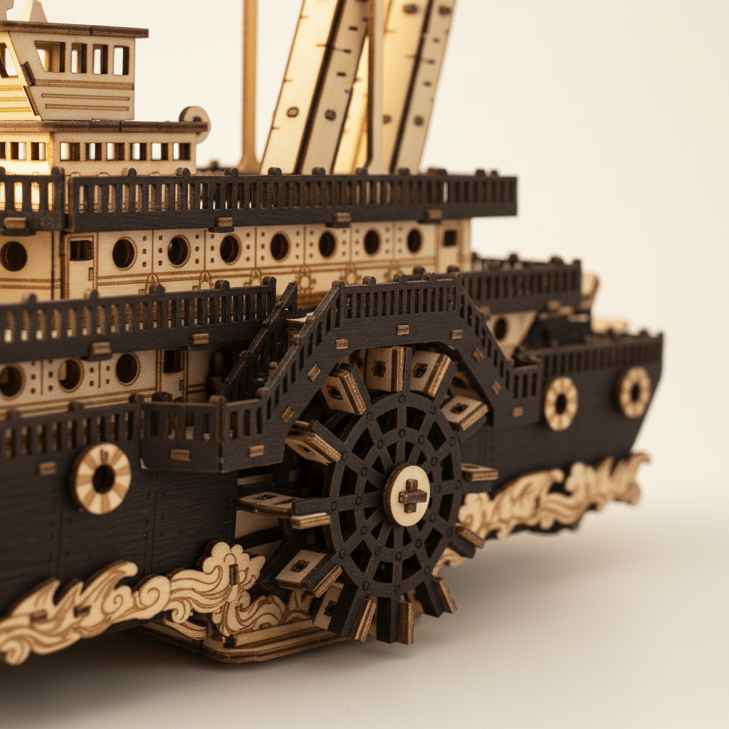 Primer plano del kit de maqueta de madera de barco de vapor con rueda de paletas, mostrando el mecanismo de rueda lateral, decoraciones de ojos de buey, uniones de barandillas cortadas con láser, detalles de escaleras y tallado ornamental de proa