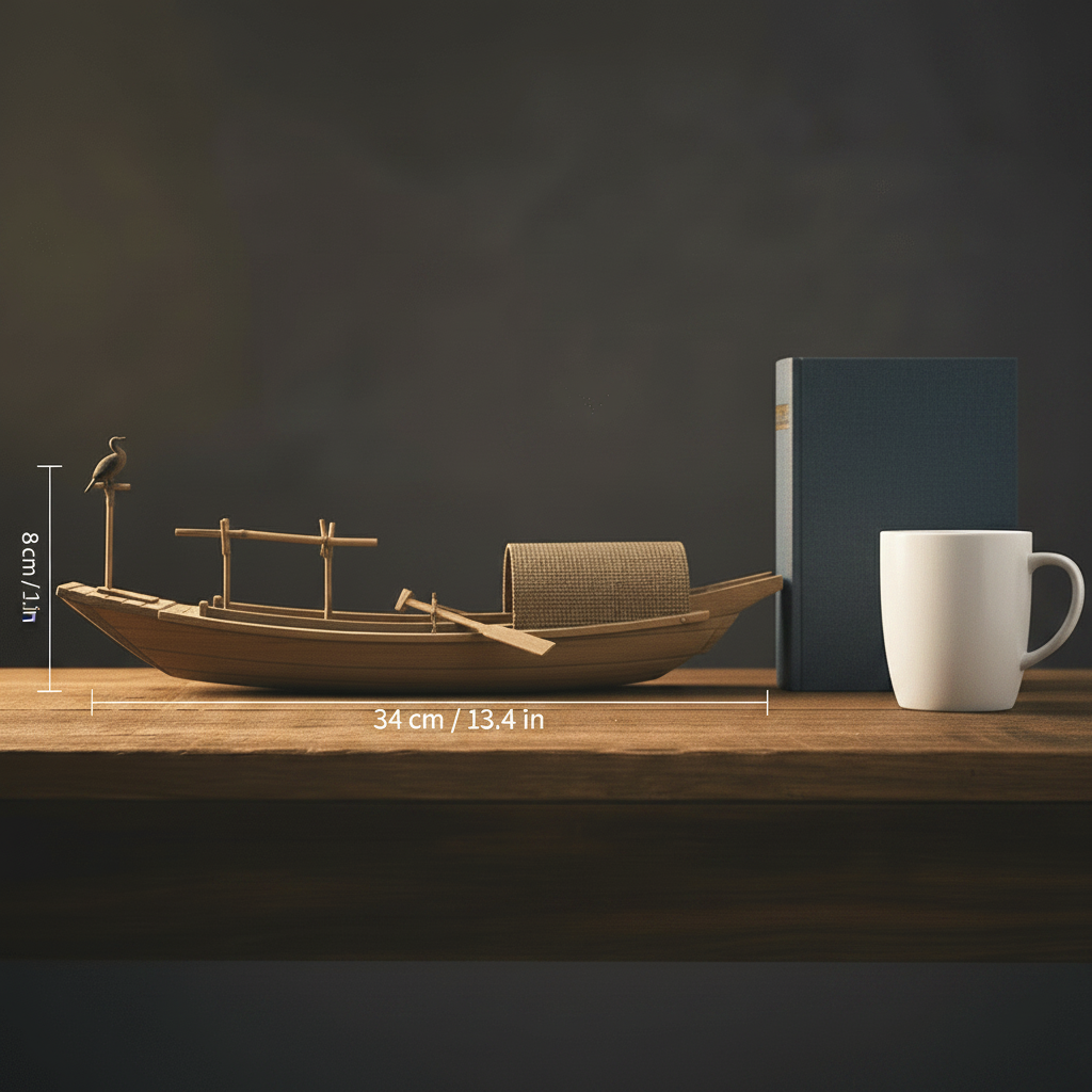 Cormorant fishing boat model size comparison — 34 cm long × 8 cm tall (13.4 in × 3.1 in), shown beside a blue book and white mug on a wooden shelf
