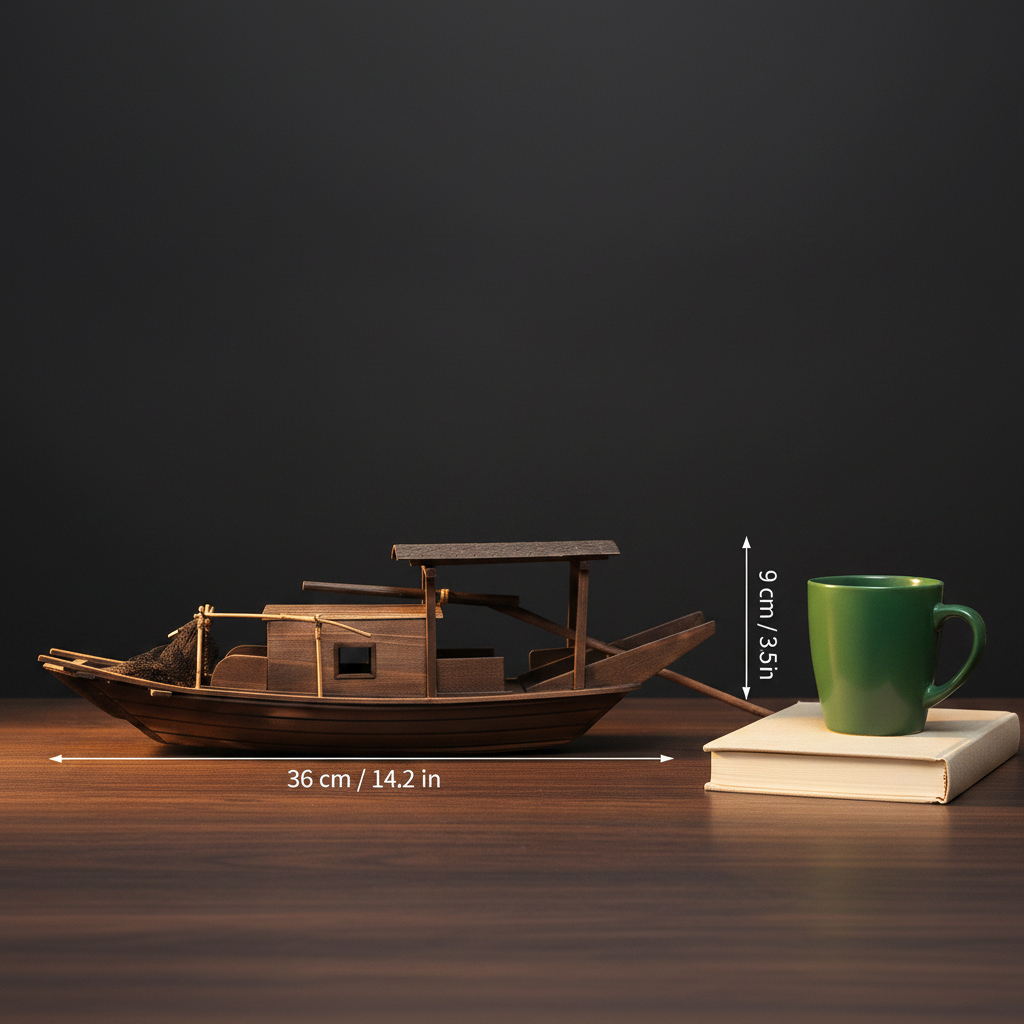 Chinese river junk fishing boat model size comparison — 36 cm long × 9 cm tall (14.2 in × 3.5 in), shown beside a book and green mug for scale
