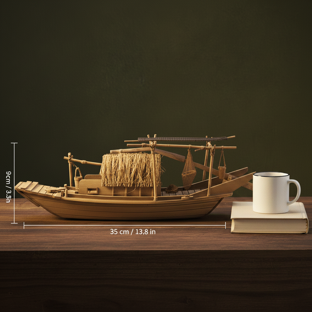 Chinese river junk model size comparison — 35 cm long × 9 cm tall (13.8 in × 3.3 in), shown beside a book and white mug for scale