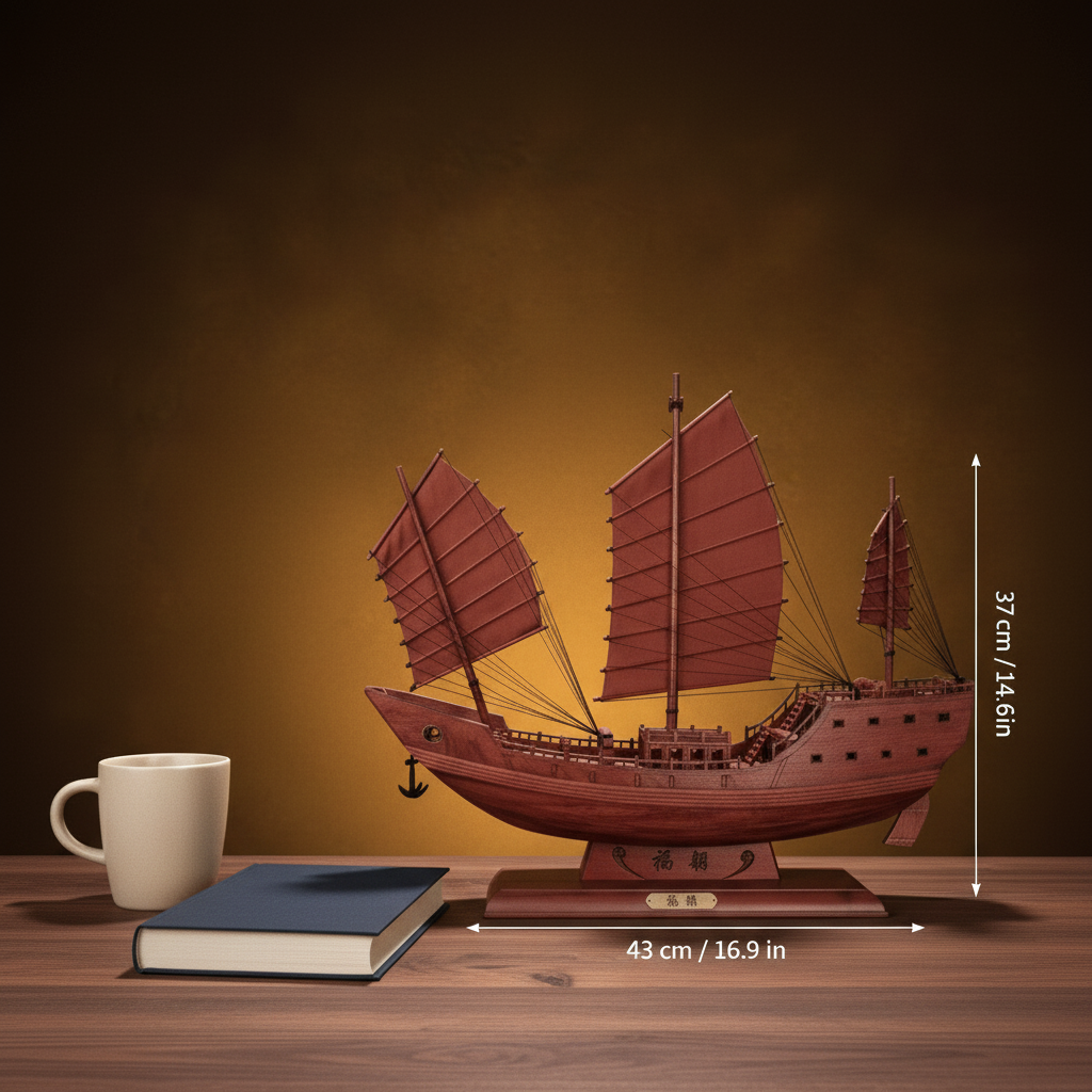 Fu Chuan junk ship model size comparison — 43 cm long × 37 cm tall (16.9 in × 14.6 in), shown beside a blue book and white mug for scale, warm amber background
