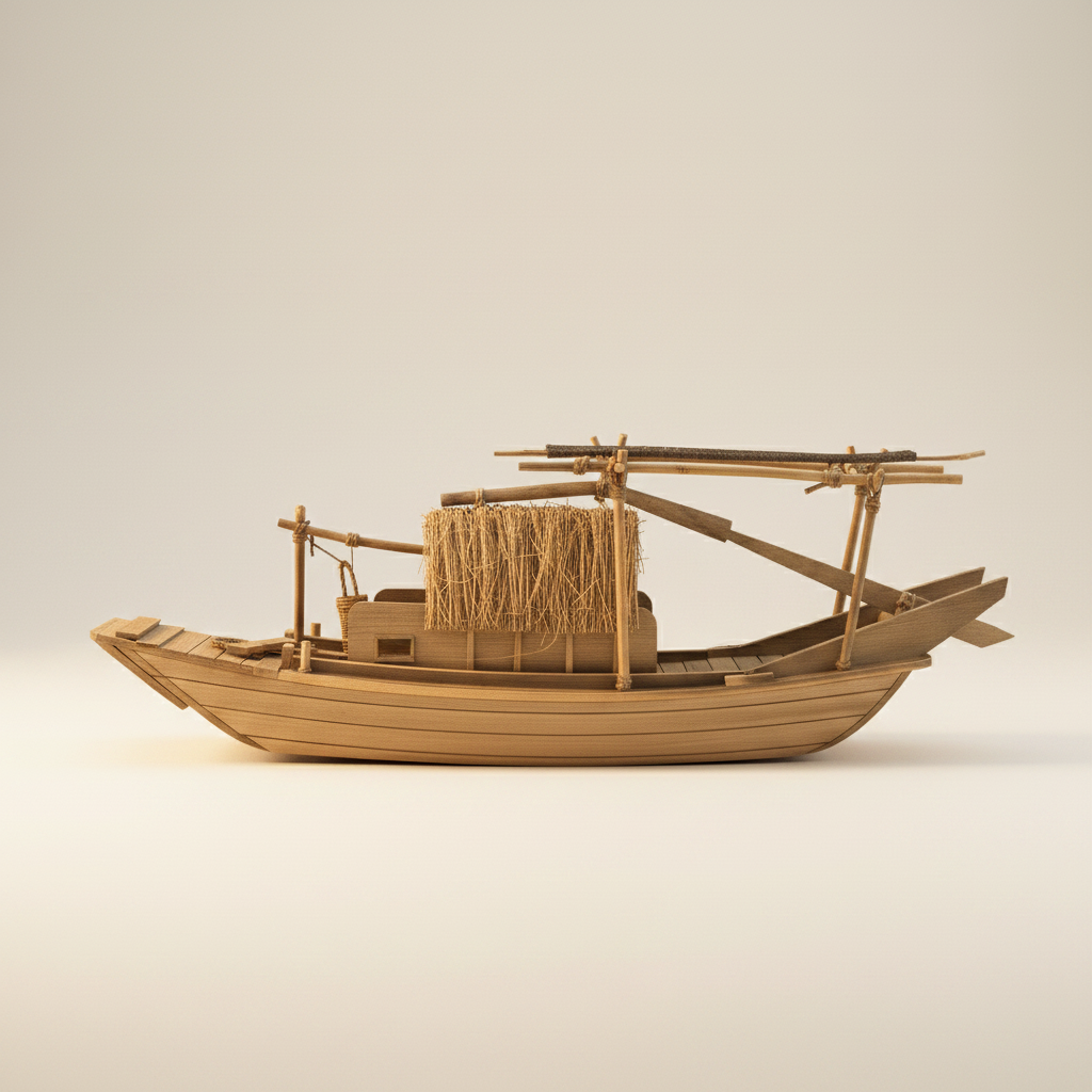 Modelo artesanal chino de barco pesquero en vista lateral exacta, con silueta completa, casco entablado de madera, cabina central con techo de paja, bastidor superior de bambú, cesta de mimbre colgante, proa abierta y popa puntiaguda sobre fondo blanco crema