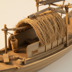 Primer plano del modelo chino de barco pesquero, mostrando la textura del techo de paja, uniones de bambú con amarre de cuerda, tejido de la cesta de mimbre, uniones de tablazón del casco de madera y acabado artesanal