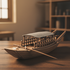 Modelo artesanal chino de barco fluvial sobre un escritorio de roble claro en un ambiente cálido del hogar, con casco envejecido de madera natural, techo de estera tejida con cumbrera curvada, barandilla de celosía de madera a ambos lados, dos remos largos en la proa y luz natural cálida