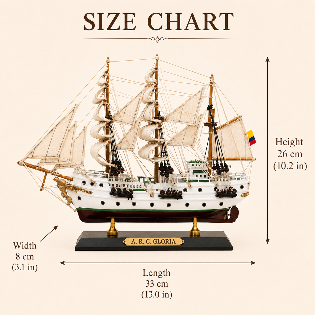 A.R.C. Gloria sailing ship model size chart showing dimensions of 33 cm long, 8 cm wide and 26 cm high, with inch measurements included.