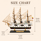 A.R.C. Gloria sailing ship model size chart showing dimensions of 33 cm long, 8 cm wide and 26 cm high, with inch measurements included.