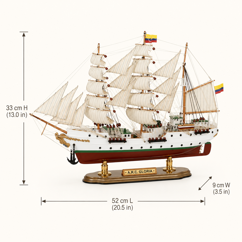 A.R.C. Gloria wooden tall ship model size chart showing dimensions of 52 cm long, 9 cm wide and 33 cm high, equivalent to 20.5 by 3.5 by 13.0 inches.