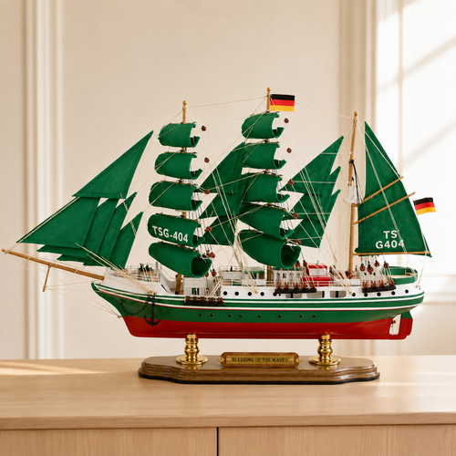 Alexander von Humboldt green-sail wooden tall ship model displayed on a light wood cabinet in a bright modern interior, featuring emerald fabric sails, German flags, detailed rigging, green and white hull, red lower hull and polished wooden display base.