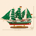 Alexander von Humboldt green-sail wooden tall ship model size chart showing dimensions of 52 cm long, 9 cm wide and 33 cm high, equivalent to 20.5 by 3.5 by 13.0 inches.