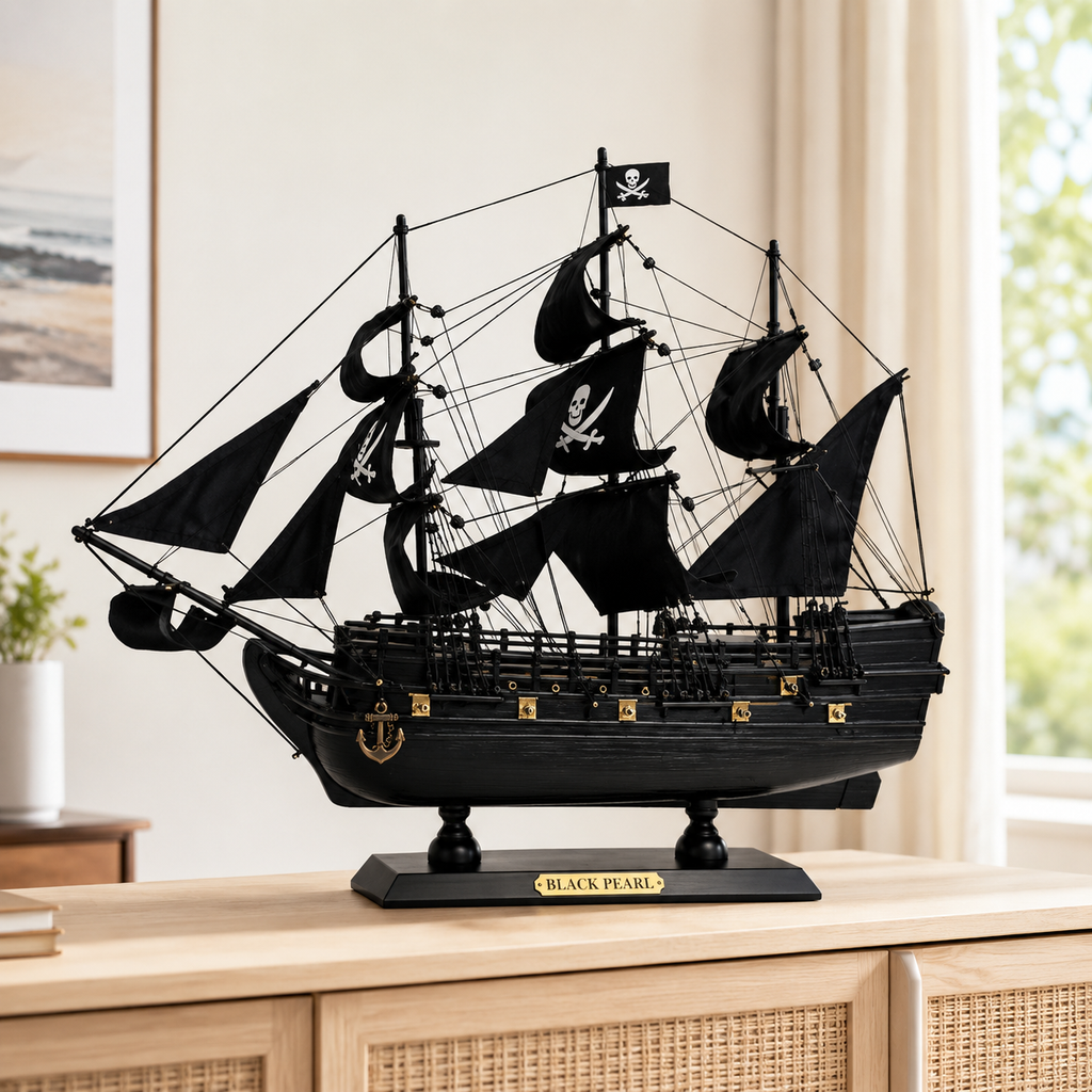 Black Pearl wooden pirate ship model displayed on a light wood cabinet in a bright modern interior, featuring black fabric sails, skull-and-crossbones graphics, detailed rigging, black hull, gold accents and a black display base.