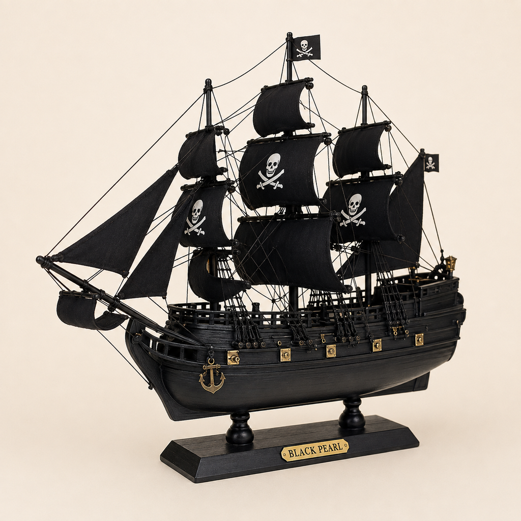 Front 45-degree view of the Black Pearl wooden pirate ship model on a cream background, showing the bow, layered black sails, pirate skull graphics, detailed rope rigging, black hull and gold nameplate.