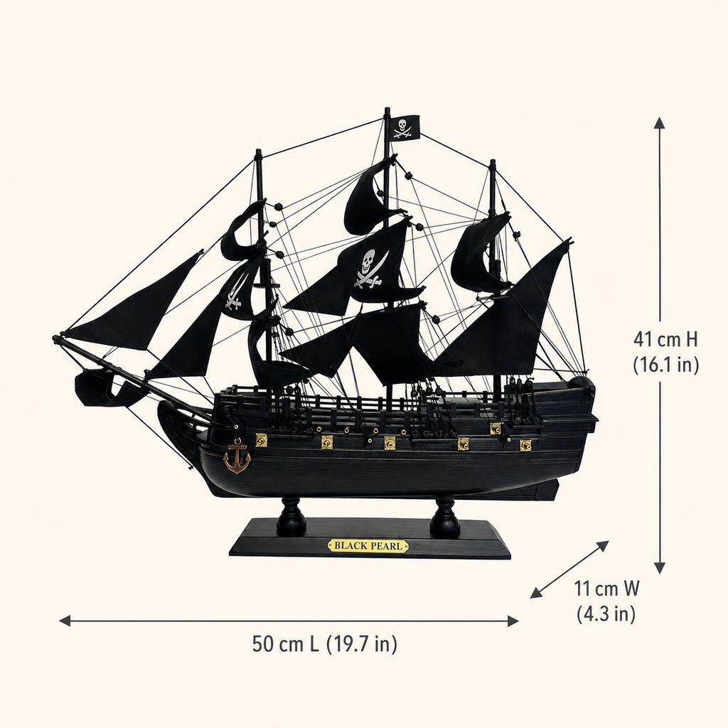 Black Pearl wooden pirate ship model size chart showing dimensions of 50 cm long, 11 cm wide and 41 cm high, equivalent to 19.7 by 4.3 by 16.1 inches.