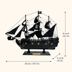 Black Pearl wooden pirate ship model size chart showing dimensions of 50 cm long, 11 cm wide and 41 cm high, equivalent to 19.7 by 4.3 by 16.1 inches.