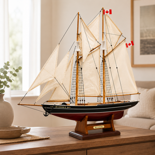 Large Bluenose II wooden schooner model displayed on a wooden cabinet, featuring cream fabric sails, black and red hull, detailed rigging, Canadian flags and a polished wooden stand.