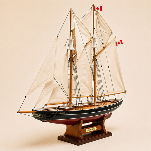 Front 45-degree view of the Bluenose II wooden ship model on a cream background, showing the bow, cream sails, black rigging, Canadian flags and wooden display base.
